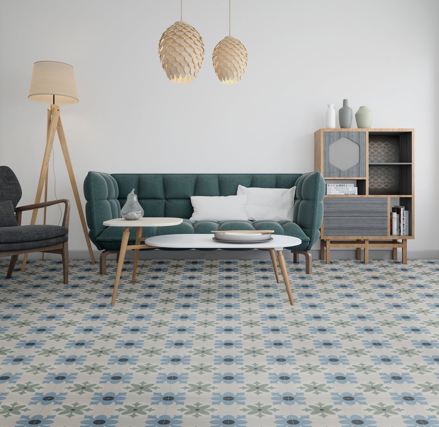 Mediterranean Javea: Sage & Dusty Blue Floral Pattern Tile