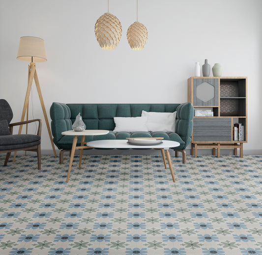 Mediterranean Javea: Sage & Dusty Blue Floral Pattern Tile